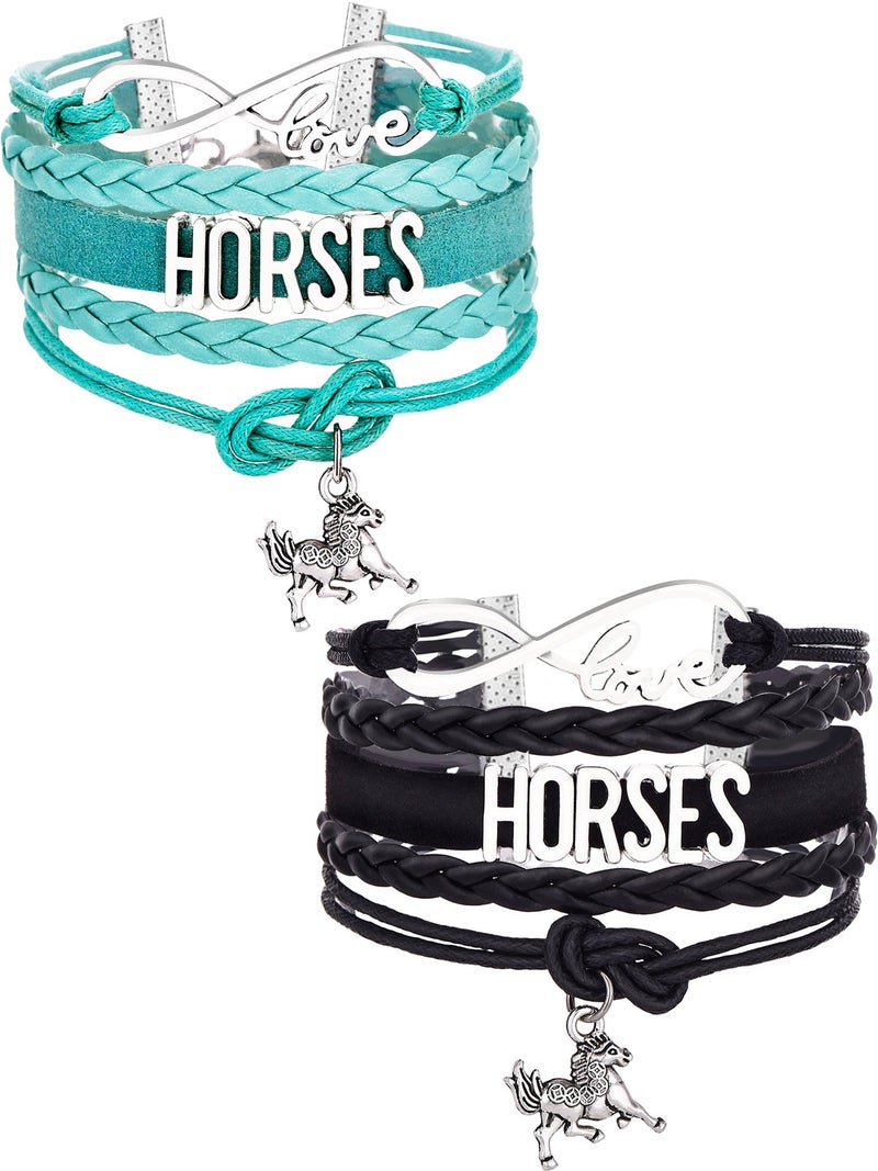 MTLEE 2 Pcs Christmas Horse Lover Gifts for Women Horse Bracelets Bangle Gifts Handmade Leather Love Charm Xmas Birthday Party Gift Stocking Stuffer for Friends Mom(Black and Blue) - Image 1